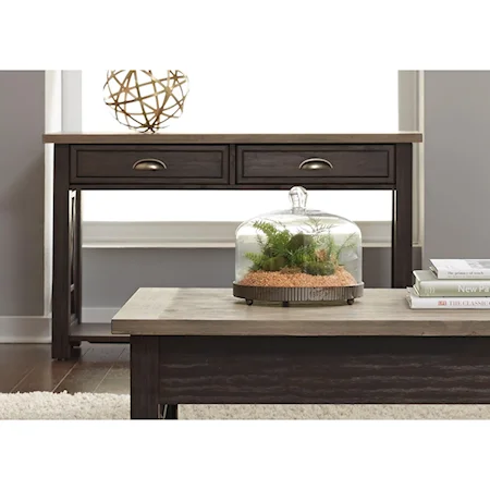 Transitional 2 Drawer Sofa Table with Fully Stained Interior Drawers